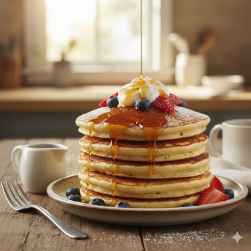 Fluffy gluten-free pancakes made with Azures Carib cassava flour topped with syrup and berries