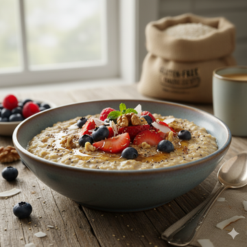 Bowl of creamy gluten-free porridge made with Azures Carib sweet potato and cassava flour topped with berries