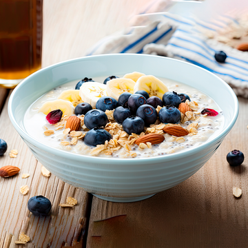 Caribbean porridge breakfast with fresh berries - healthy gluten-free meal